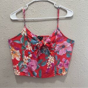 Cynthia Rowley Red Floral Print Tie Front Crop Top Large